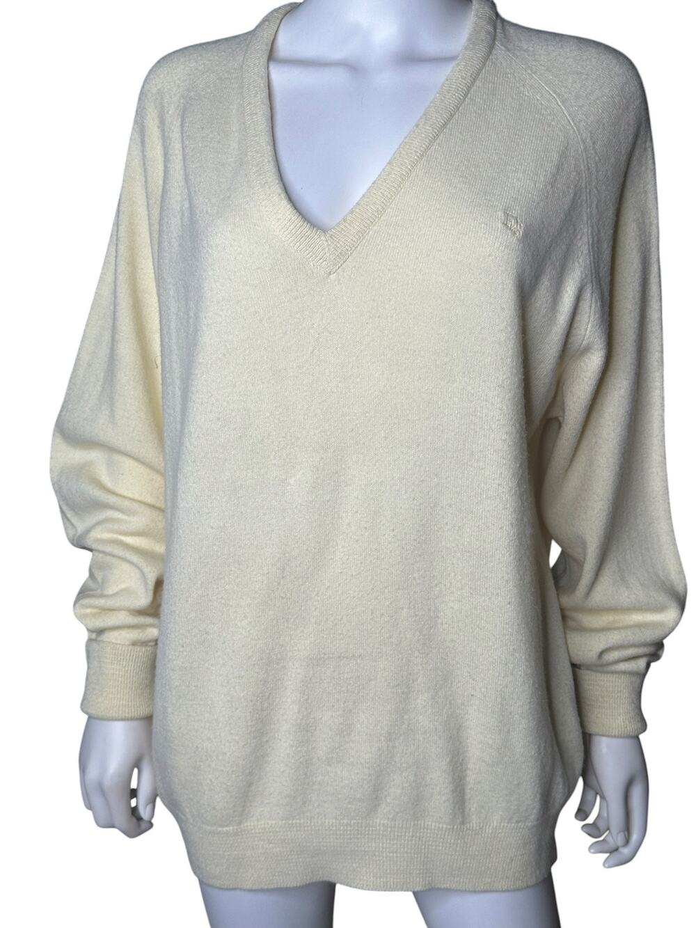 Vintage Christian Dior V-Neck Sweater | Cream Off-White Orlon Acrylic Knit xl